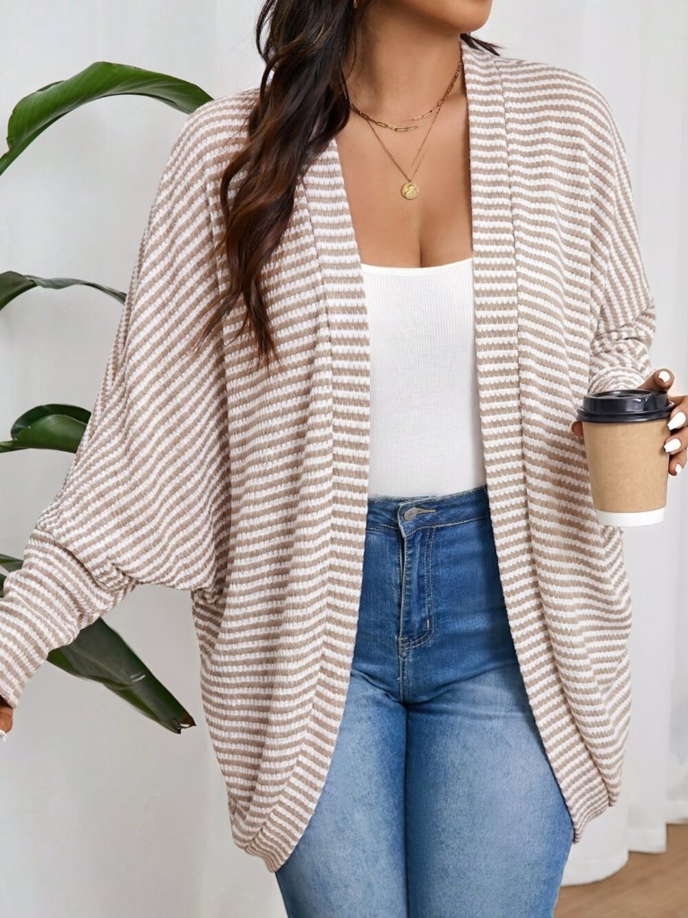 Apricot Casual Women's Loose Ribbed Batwing Shawl Collar Cardigan - Picture 5 of 8